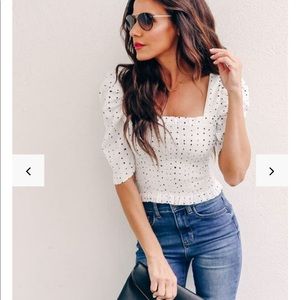 New Vici A SPOT IN MY HEART POLKA DOT SMOCKED TOP